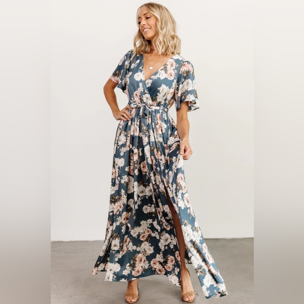 Baltic Born Sicily Satin Maxi Dress | Blue Floral - Small